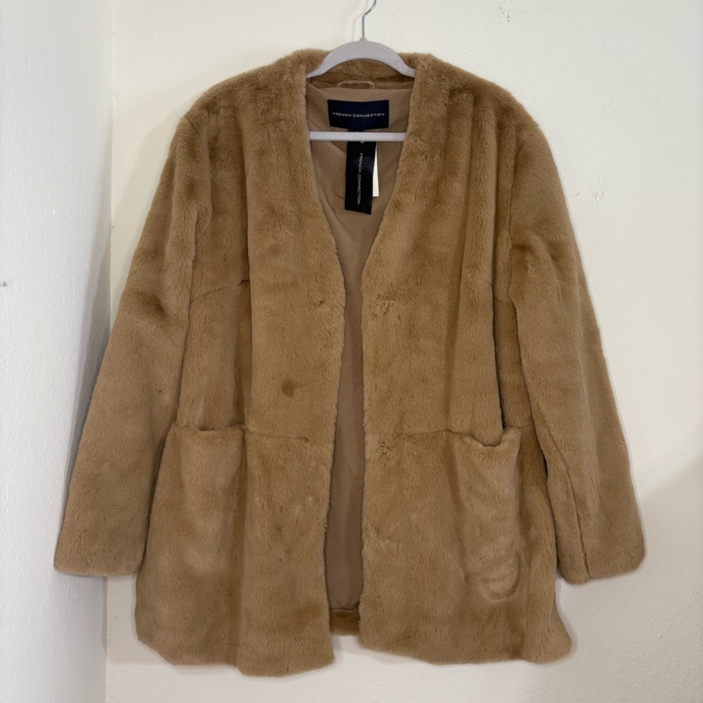 French Connection Camel Buona Faux Fur Coat Jacket NWT - Picture 7 of 11